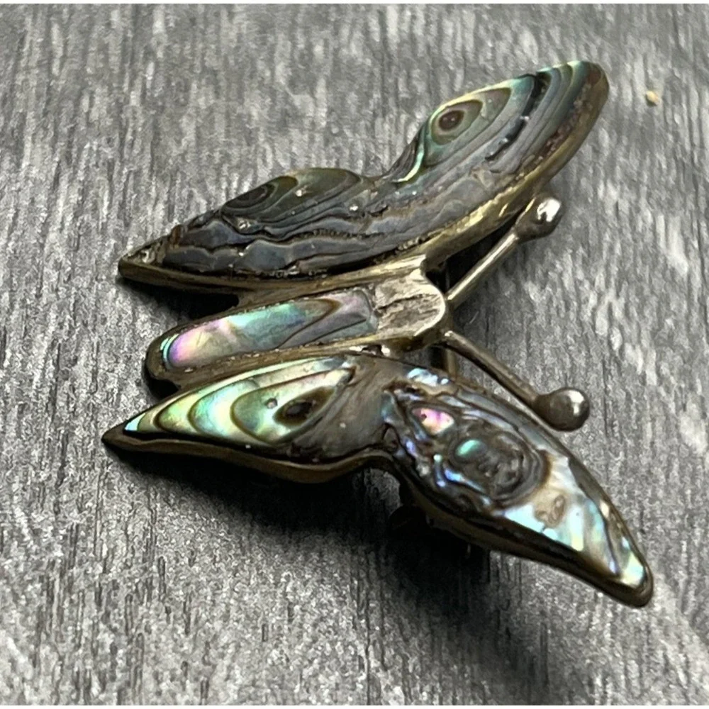 Vintage Mexican Abalone Shell Inlay Butterfly Brooch Pin Signed Hecho en Mexico